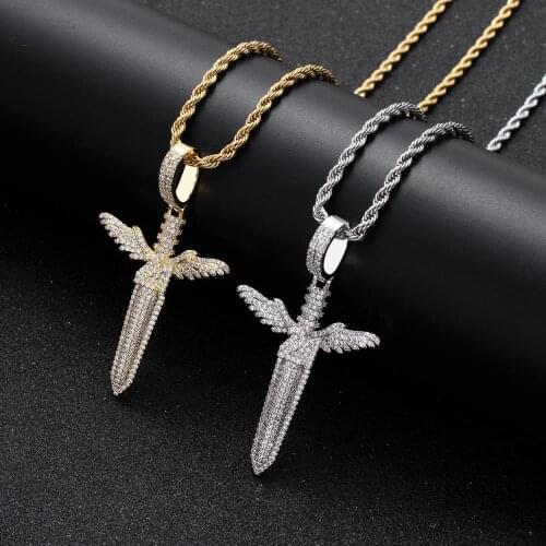 Savage Rap Hiphop Jewelry Gold Angel Sword Wing Pendant Rope Chain Necklace Iced Out Cubic Zirconia Stone Cross Pendant Homme