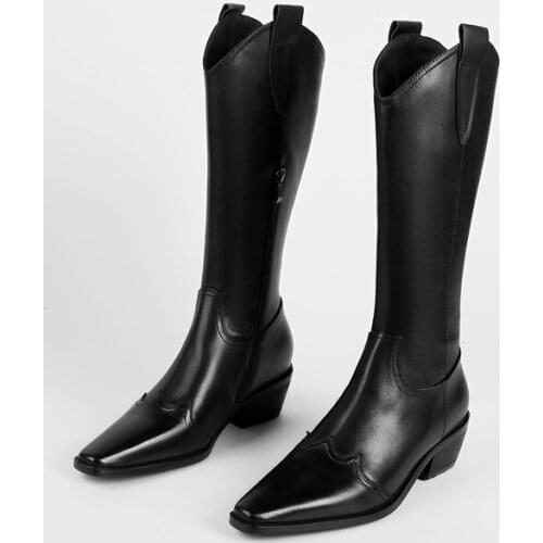 2021 New Winter Roman Fashion Women Mid-Calf Motorcycle Boots Genuine Leather Thick Heels Pointed Toe Warm Shoes Woman