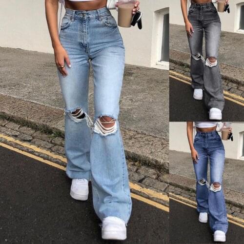 Ladies Washable Jeans Breathable Bell-bottoms Fashionable Summer Bell-bottoms Elastic Denim Long Ripped Pants for Shopping