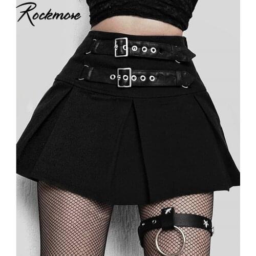 Rockmore High Waist Pleated Skirts Women Criss Cross Bandage Short Black Leather Buckle Mini Skirt Gothic Sexy Aesthetic Club