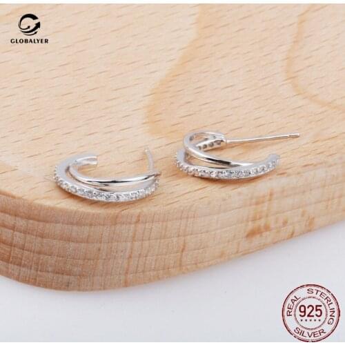 S925 sterling silver Korean fashion new double letter C row zirconium earrings Simple sweet small fresh earrings 595