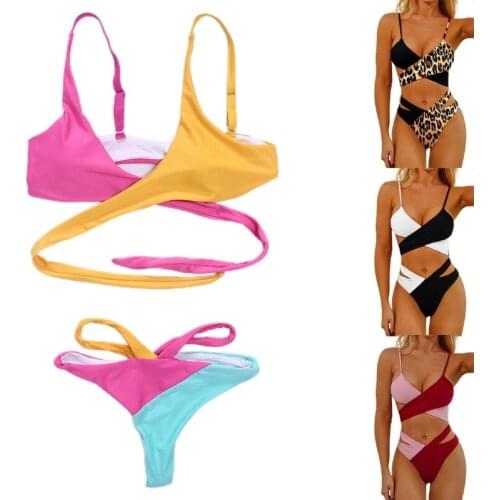 Women Sexy 2pcs Color Block Bikini Set Halter Bandage Cross Wrap Push Up Swimsuit Hollow Out High Waisted Bathing Suit