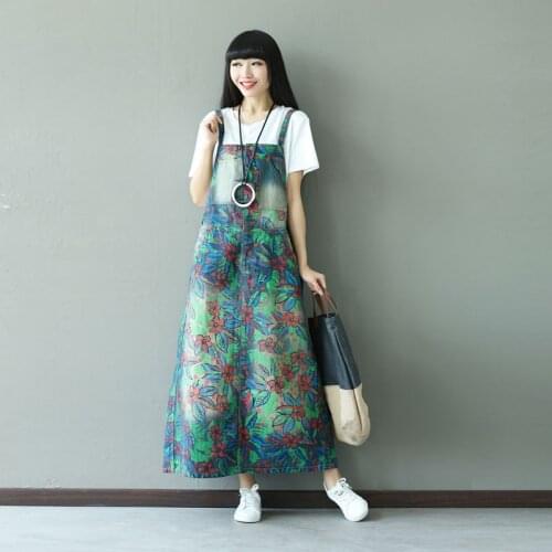 Women Printed Flower Loose Spaghetti Strap Denim Dress Ladies Floral print causal Female Denim Dress cute Fashion