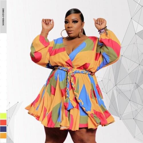 Fall Womens High Quality Casual Printed V-neck Sexy Big Swing Long Sleeve Dress with Belt Plus Size Dress Wholesale Dropshpping
