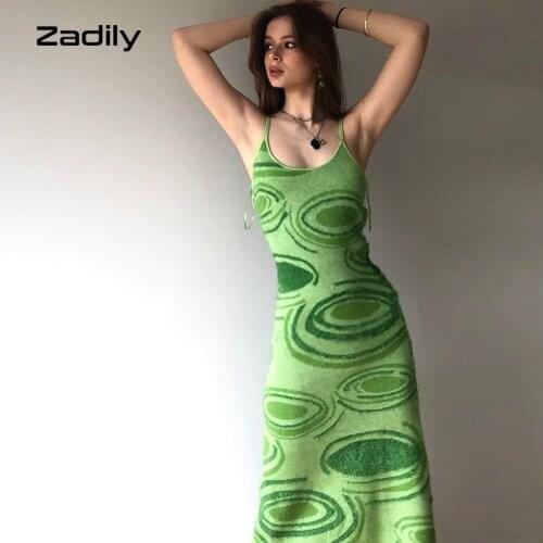 Zadily Women Green Y2K Summer Hollow Out Sexy Sleeveless Spaghetti Strap Beach Midi Dresses 2021 Print Knit Bodycon Dress Party