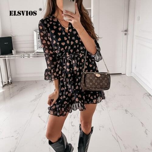 2021 New Spring Women Elegant A-line Dress Lovely Love Heart Floral Printed Dress V Neck Long Sleeve belt Party Dresses Vestidos