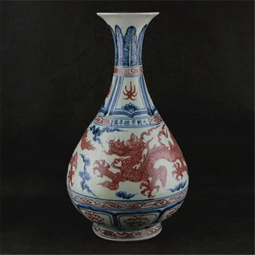 #06 Rare Old YuanDynasty porcelain vase,Blue underglaze red,Dragon,hand painting,Yuhuchun,free shipping