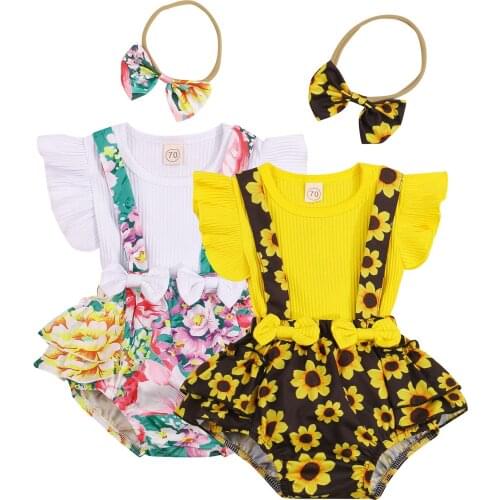 Toddler Summer Outfits Baby Girl Ribbed Fly Sleeve T-shirt + Flower Print Suspender Pants + Bowknot Headband 3Pcs Sweet Style