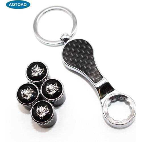 5Pcs/Set Wolf Style Emblem Auto Car Wheel Tire Air Valve Caps With Wrench Keychain Carbon Fiber + Copper Stem Dust Cover Accesso
