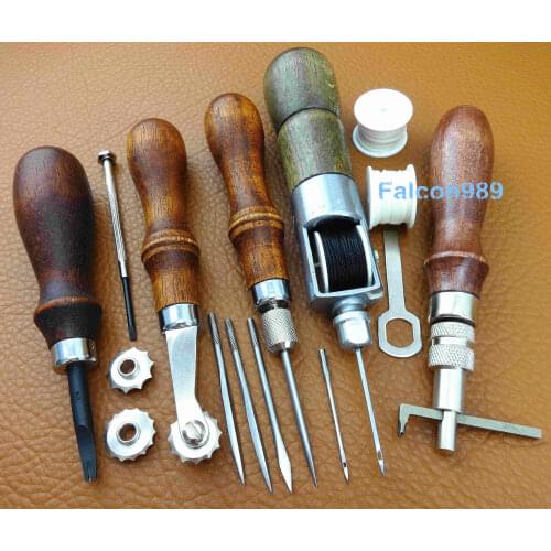 5pcs Leather Craft 4in1 Lock Thread Awl Creasing Groover Over Stitching Wheel Tool Sewing Carving Stamp Knife Cutter Edger Skive
