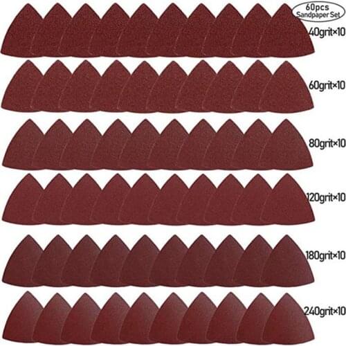 60pcs Triangular Hook and Loop Triangle-Sandpaper 80mm Oscillating Multi Tool Sanding Pad, Assorted 40 60 80 100 120