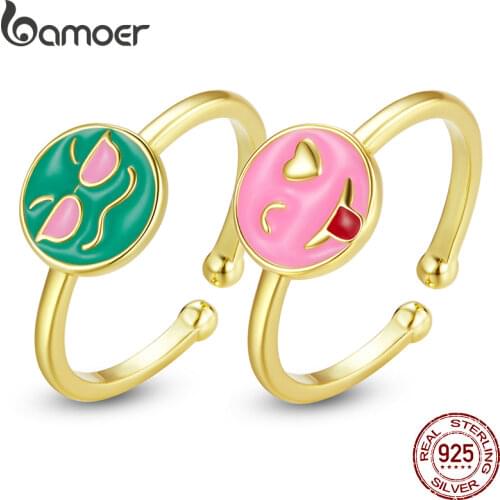 BAMOER 925 Sterling Silver Gold Colors Texture Enamel Emotion Finger Rings Sunglasses Naughty Adjustable Rings Jewelry SCR737
