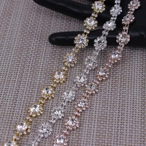 Shiny flower shape crystal rose gold ,silver,gold rhinestones trim metal chain Ribbon for dress, bag, shoes accessories
