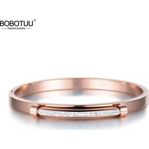 BOBOTUU Exquisite Pave Setting Rhinestone Cuff Bangles & Bracelet Jewelry Rose Gold Color Stainless Steel Wedding Bangle BB17055