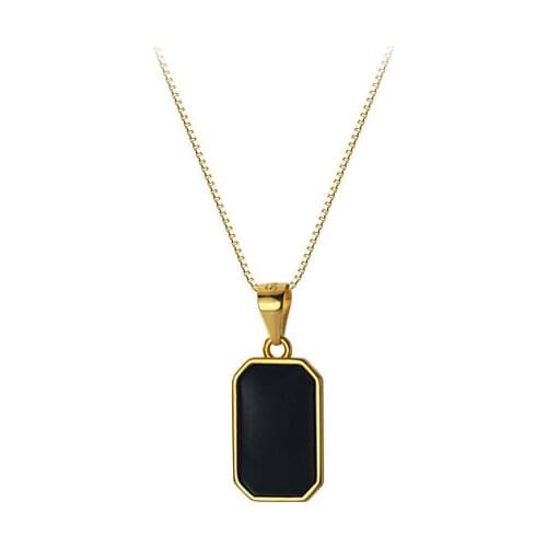 "letter engraved" 100% real. Sterling Silver 925 Fine Jewelry Black Enamel Square Pendant Necklace C-D8434