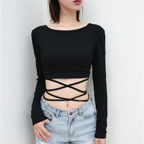Sexy Large Open Back Cross Bandage Leakage Navel High Waist Long Sleeve Shirt Women Tshirt Crop Top Tight Thin T-shirt Vogue