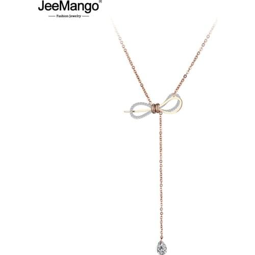 JeeMango Trendy CZ Crystal Three-dimensional Bowknot Necklace Stainless Steel Wedding Neckalce Jewelry For Women Gifts JN19037