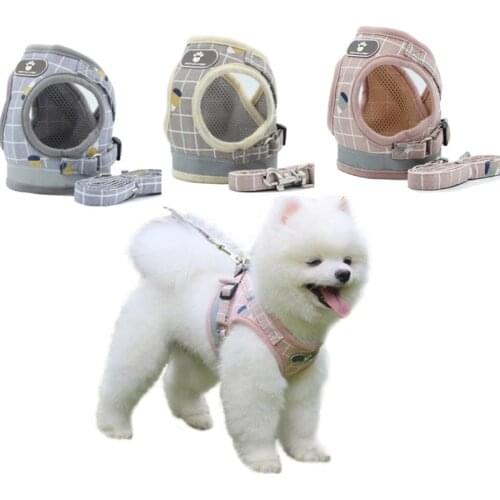 Dog Harness and Leash Plaid Breathable Mesh Vest Adjustable Dog Harness and Leash Set for Small Dogs Reflective Pet Accessories