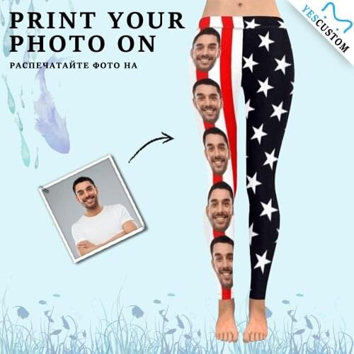 Custom Face Low Rise Leggings Plus Size Women Fitness Gym Personalized Stars Stripes Cat Dog Pup Lover Yoga Long Tights Pants