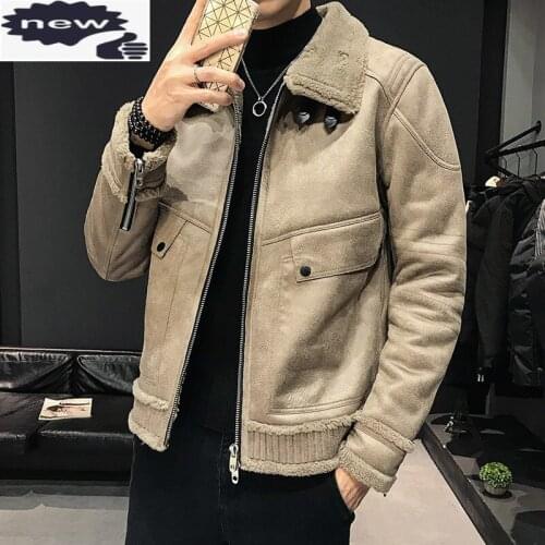 2021 Mens Autumn Winter Short Loose Lamb Wool Fashion Warm Jacket Hip Hop Turn -Down Collar Pockets Spliced Zipper Vintage Coat