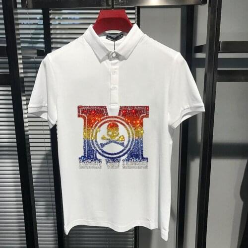Spring / Summer Mens Polo Fashion Pure Cotton Breathable Short-Sleeved Letters Chic Hot Diamond Shirt Youth Hip-Hop Streetwear