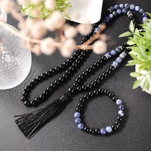 8mm Black Agate Blue Vein Beaded 108Mala Necklace Meditation Yoga Blessing Jewelry Bracelet Set Mens and Womens Rosary