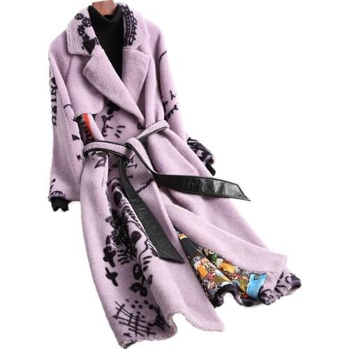 Elegant Winter Long Printing Lilac Woolen Warm Real Fur Plus Size Coat Thick Turn-down Collar Slim Jackets High Quality Outwear