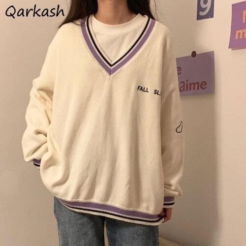 Pullovers Women Sweater Korean Style Fall Cozy College Clothes Casual Raglan Sleeve V-Neck Letter Daily Loose-fitting Outerwear