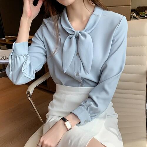 Long Sleeve Bow Button Chiffon Blouse Office Korean Shirt Women Woman Tops 2021 Fashion New Spring Autumn Womens Blouses Clothes