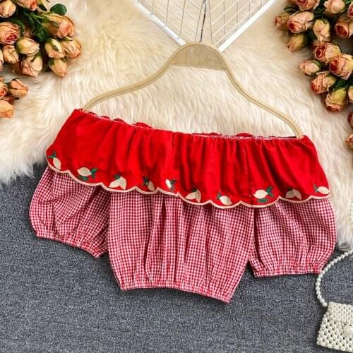 Chic blouse women 2021 summer western style one-shoulder strapless ruffled embroidered short navel plaid shirt