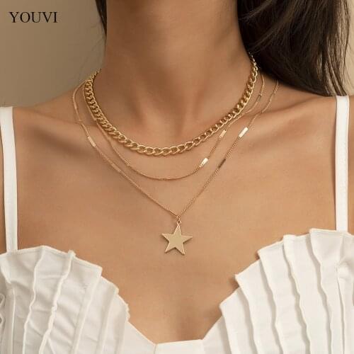YOUVI 3Pcs/Set Simple Exquisite Star Pendant Necklace Women Punk Trendy Flat Chain Necklace Choker Party Jewelry AccessorieS
