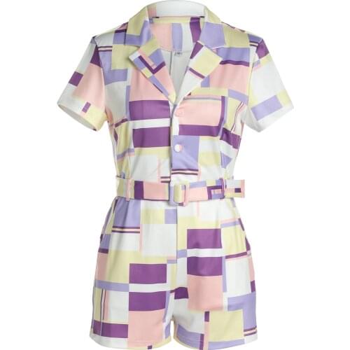 Female Playsuits Color Block Tailored Collar Short Sleeve Romper with Waist Belt for Summer
