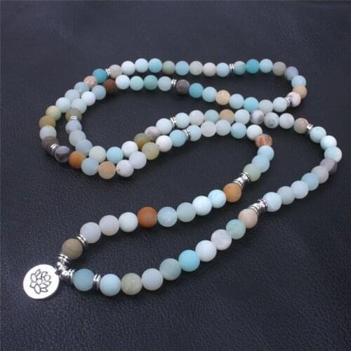 Handmade 108 Mala Yoga Bracelet Matte Frosted Amazonite Beads With Lotus Om Buddha Womens Necklace Boho Jewelry Dropshipping