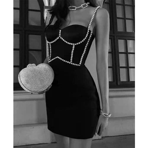 Hot Women Summer Ladies Sexy Sleeveless Beading Studded Black Mini Bodycon Bandage Dress 2021 Elegant Evening Party Club Dress