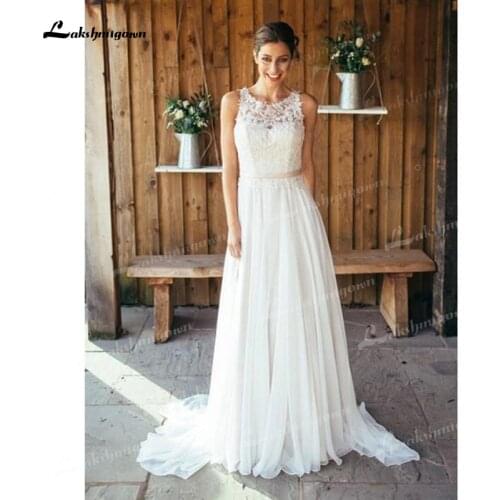 Ivory Beach Wedding Dress Lace Chiffon A Line Sleeveless Off The Shoulder Illusion Zipper Court Train vestido de novia playa