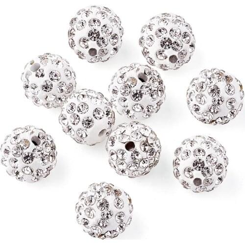 100pcs Pave Disco Ball Beads Polymer Clay Rhinestone Beads Round Crystal White 10mm Earring Necklace Bracelet Making Decoration