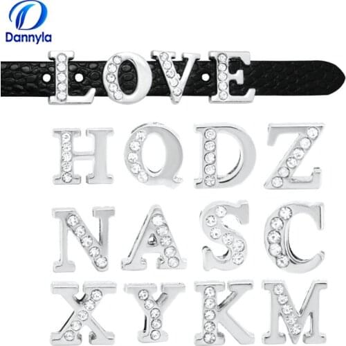 1300pcs/lot 8mm Silver Color Half Rhinestones Slide Letters Fit 8mm DIY Wristband Bracelet Jewelry LSSL04