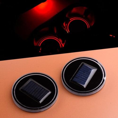 2Pcs Red LED Solar Cup Pad Drink Coaster Light Interior Atmosphere Lamp for Universal Vehicles Car Decoration