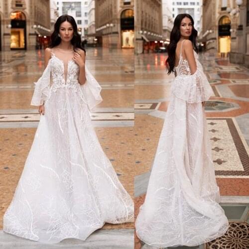 2020 Fashion Wedding Dresses Jewel Off Shoulder Lace Appliques Bridal Gowns Sexy Backless Sweep Train A-Line Wedding Dress