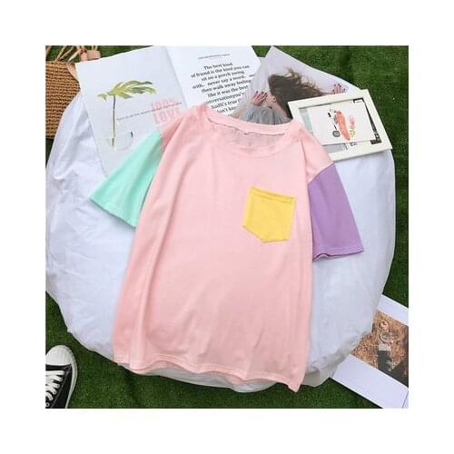 2021 Women Tops Summer Harajuku Korean Style Patchwork Contrast Color T Shirts Kpop Tee Shirt BF Streetwear Tee Teens Girls Top