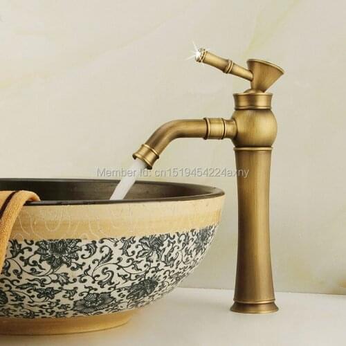 Free Shipping Tall Antique Brass Crystal Faucet Bathroom Basin Mixer Diamond Handle Deck Mounted Swivel Spout GI55