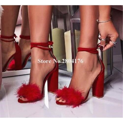 New Design Women Fashion Open Toe Suede Leather Chunky Heel Fur Decorated Chunky Heel Sandals Red Yellow High Heel Sandals Heels