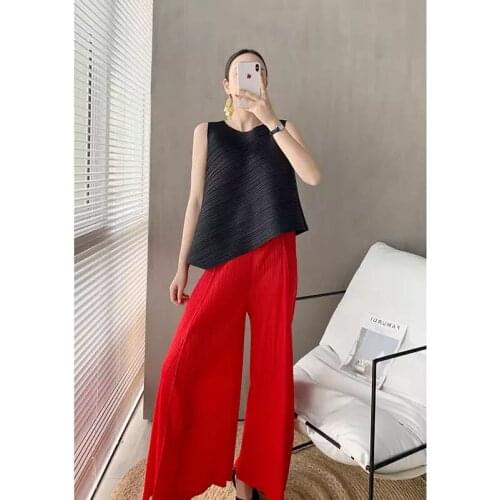 Issey Miyake Pleated Wide-Leg Pants For Women Summer Loose Large Size High Waist Slim And Draping Feeling Straight Trousers In
