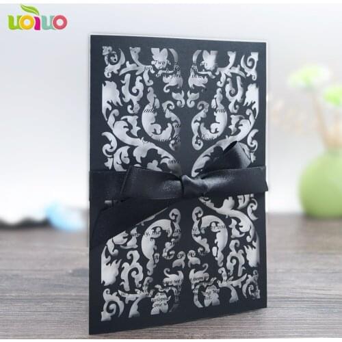 DIY customzied inc30 Laser Cut black Wedding invitations Card ,tied black bow,print insert,envelope