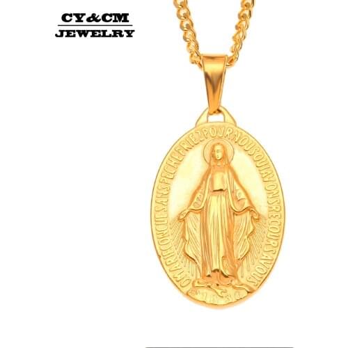 CY&CM Virgin Mary Gold Color Women Men Christian Cross St Benedict Medal Pendant Necklace Our Lady Goddess Hip Hop Rock Jewelry