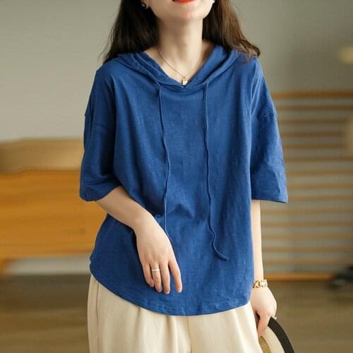 FairyNatural Ladies Hooded Casual T-Shirts V-Neck Solid Color Women Loose Cotton Soft 2021 Summer Tshirt Tees Short Sleeve