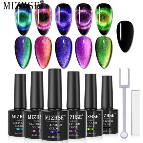 MIZHSE 9D Cat Eye Gel Nail Polish Chameleon Magnetic Gel 10ml Soak Off UV LED with 2 Magnet Stick 6PCS Gel Nail Polish Set