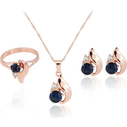 HC Vintage Blue Crystal Elegant Jewelry Sets for Girl Children Gift Fashion Gold Ring Earring Necklace Set Bridal Wedding Gift F