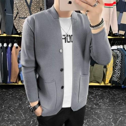 Autumn Winter New Fashion Cardigan Men Clothing 2021 Simple Front Pockets Slim Fit Long Sleeve Casual Knitted Sweater Pull Homme