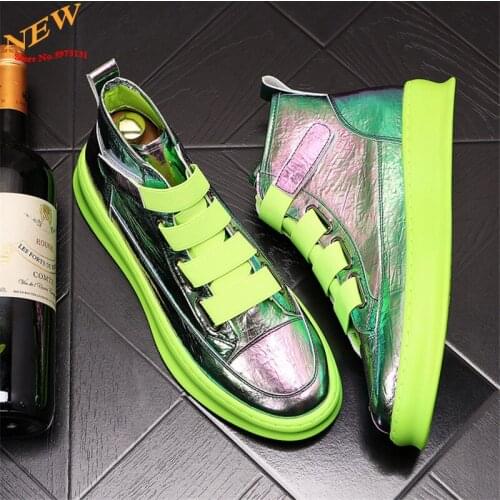 Green Leather Men Flat board Shoes Hip Hop High Tops Sneakers Casual shoes ankle boots Zapatillas Hombre